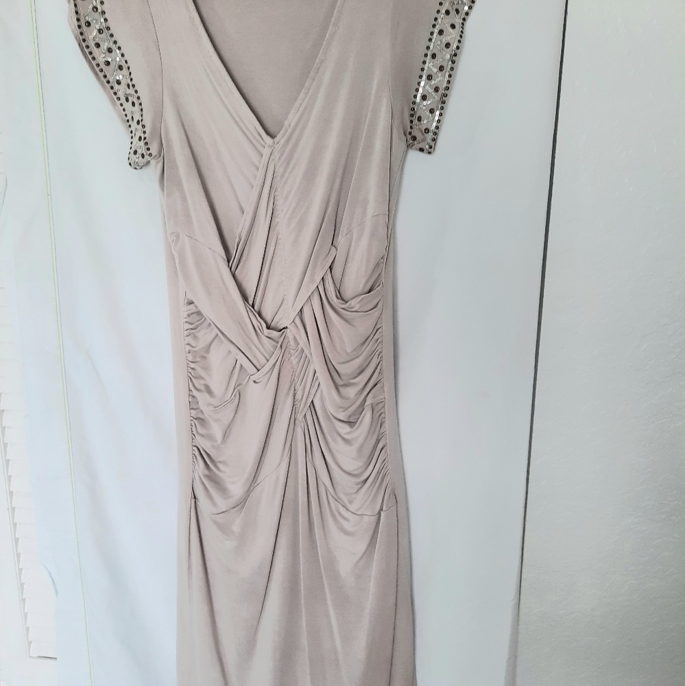 Women's Kische Beige Ruched Dress Beaded Short Sleeves Stylish  Medium M Good